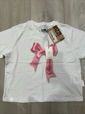 Izzue White Pink Bow Graphic Baby Tee Coquette Y2K